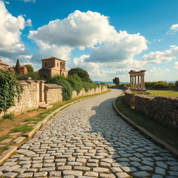 An ancient Roman cobblestone road, perfectly preserved, winding through a rustic countryside dotted with Roman ruins