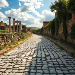 An ancient Roman cobblestone road, perfectly preserved, winding through a rustic countryside dotted with Roman ruins
