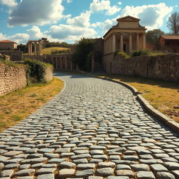 An ancient Roman cobblestone road, perfectly preserved, winding through a rustic countryside dotted with Roman ruins