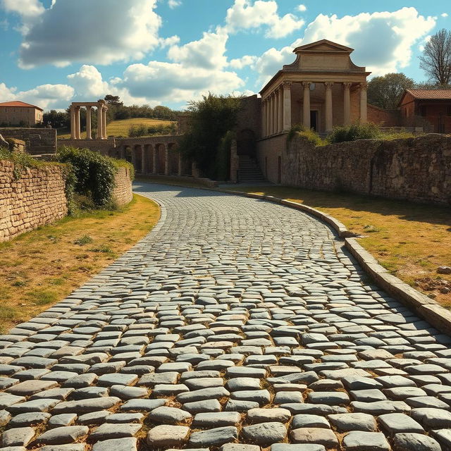 An ancient Roman cobblestone road, perfectly preserved, winding through a rustic countryside dotted with Roman ruins