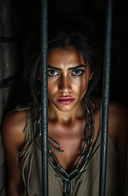 A chained Latina woman in ragged clothing, locked inside a dimly lit cell