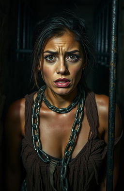 A chained Latina woman in ragged clothing, locked inside a dimly lit cell