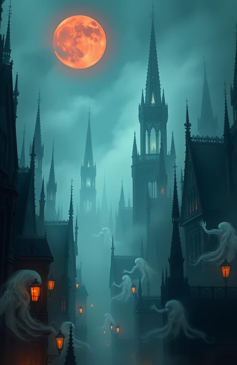 An ethereal city of wraiths shrouded in mystic mist, illuminated by ghostly lights emanating from ancient, towering spires