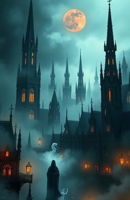 An ethereal city of wraiths shrouded in mystic mist, illuminated by ghostly lights emanating from ancient, towering spires