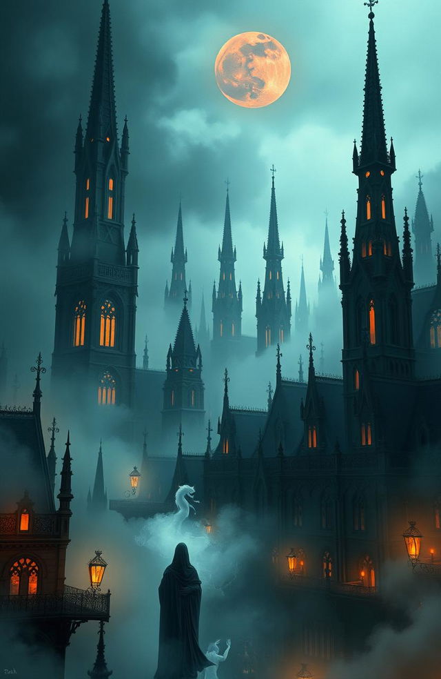 An ethereal city of wraiths shrouded in mystic mist, illuminated by ghostly lights emanating from ancient, towering spires