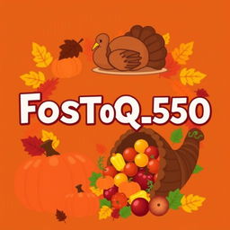 A festive Thanksgiving-themed design featuring traditional symbols such as vibrant pumpkins, a roasted turkey, colorful autumn leaves, and a lush cornucopia overflowing with seasonal produce