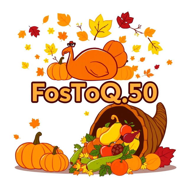 A festive Thanksgiving-themed design featuring traditional symbols such as vibrant pumpkins, a roasted turkey, colorful autumn leaves, and a lush cornucopia overflowing with seasonal produce