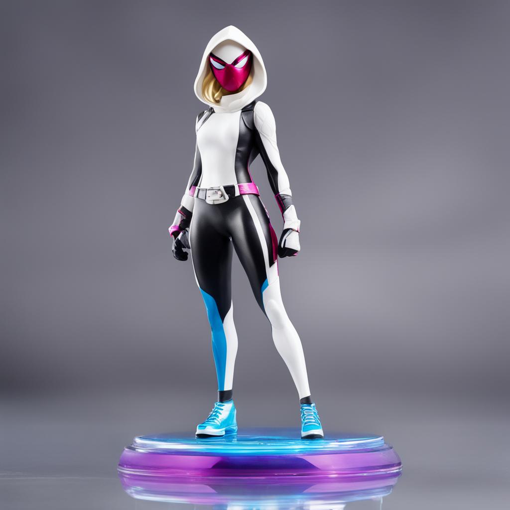 A 32k HD editorial photo of a detailed Fortnite Spider-Gwen Funko Pop final figure standing on a reflective surface against a blurred white background