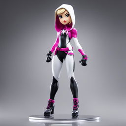 A 32k HD editorial photo of a detailed Fortnite Spider-Gwen Funko Pop final figure standing on a reflective surface against a blurred white background