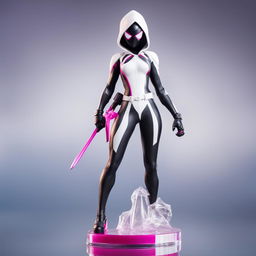 A 32k HD editorial photo of a detailed Fortnite Spider-Gwen Funko Pop final figure standing on a reflective surface against a blurred white background