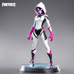 A 32k HD editorial photo of a detailed Fortnite Spider-Gwen Funko Pop final figure standing on a reflective surface against a blurred white background