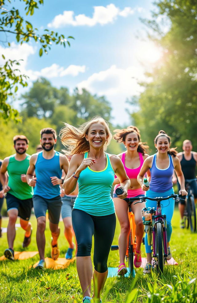 A vibrant and motivating scene depicting a diverse group of people engaging in various fitness activities outdoors, such as running, yoga, and cycling