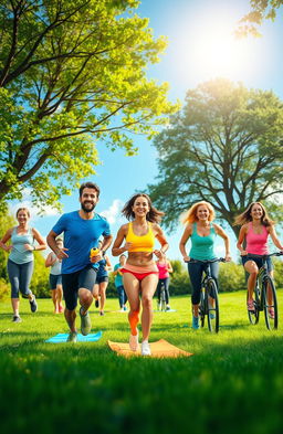 A vibrant and motivating scene depicting a diverse group of people engaging in various fitness activities outdoors, such as running, yoga, and cycling