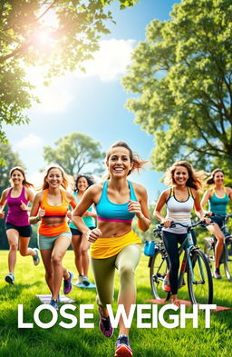 A vibrant and motivating scene depicting a diverse group of people engaging in various fitness activities outdoors, such as running, yoga, and cycling