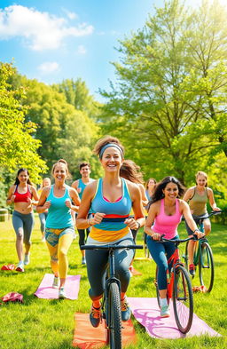 A vibrant and motivating scene depicting a diverse group of people engaging in various fitness activities outdoors, such as running, yoga, and cycling