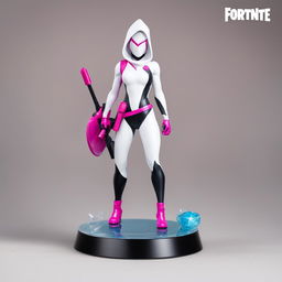 A 32k HD editorial photo of a detailed Funko Fortnite Spider-Gwen Pop final figure standing on a reflective surface against a blurred white background