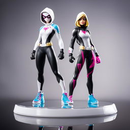 A 32k HD editorial photo of a detailed Funko Fortnite Spider-Gwen Pop final figure standing on a reflective surface against a blurred white background