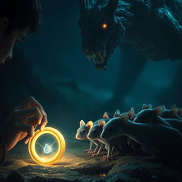 A visually striking scene featuring a moment of suspense and mystery as Nivar, the 17-year-old prince, approaches a glowing mystical ring