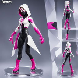 A 32k HD editorial photo of a detailed Funko Fortnite Spider-Gwen Pop final figure standing on a reflective surface against a blurred white background