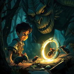 A visually captivating scene depicting suspense and mystery as Nivar, a young prince, cautiously approaches a glowing mystical ring