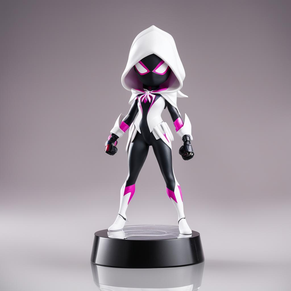 A 32k HD editorial photo of a detailed Funko Fortnite Spider-Gwen Pop final figure standing on a reflective surface against a blurred white background