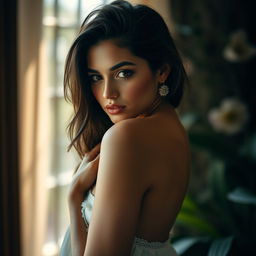 A sensual and artistic representation of a confident young woman posed in a beautiful setting, gracefully accentuating her feminine form