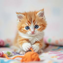 A cute, fluffy kitten with big, bright eyes sitting playfully on a colorful blanket