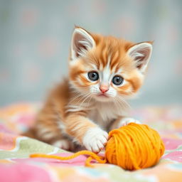 A cute, fluffy kitten with big, bright eyes sitting playfully on a colorful blanket