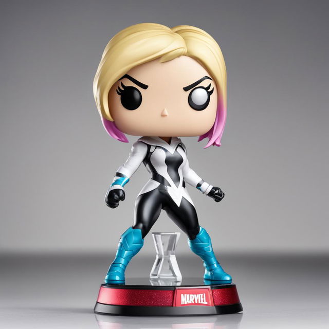 A 32k HD editorial photo of a detailed Funko bobblehead Fortnite Spider-Gwen Pop final figure standing on a reflective surface against a blurred white background