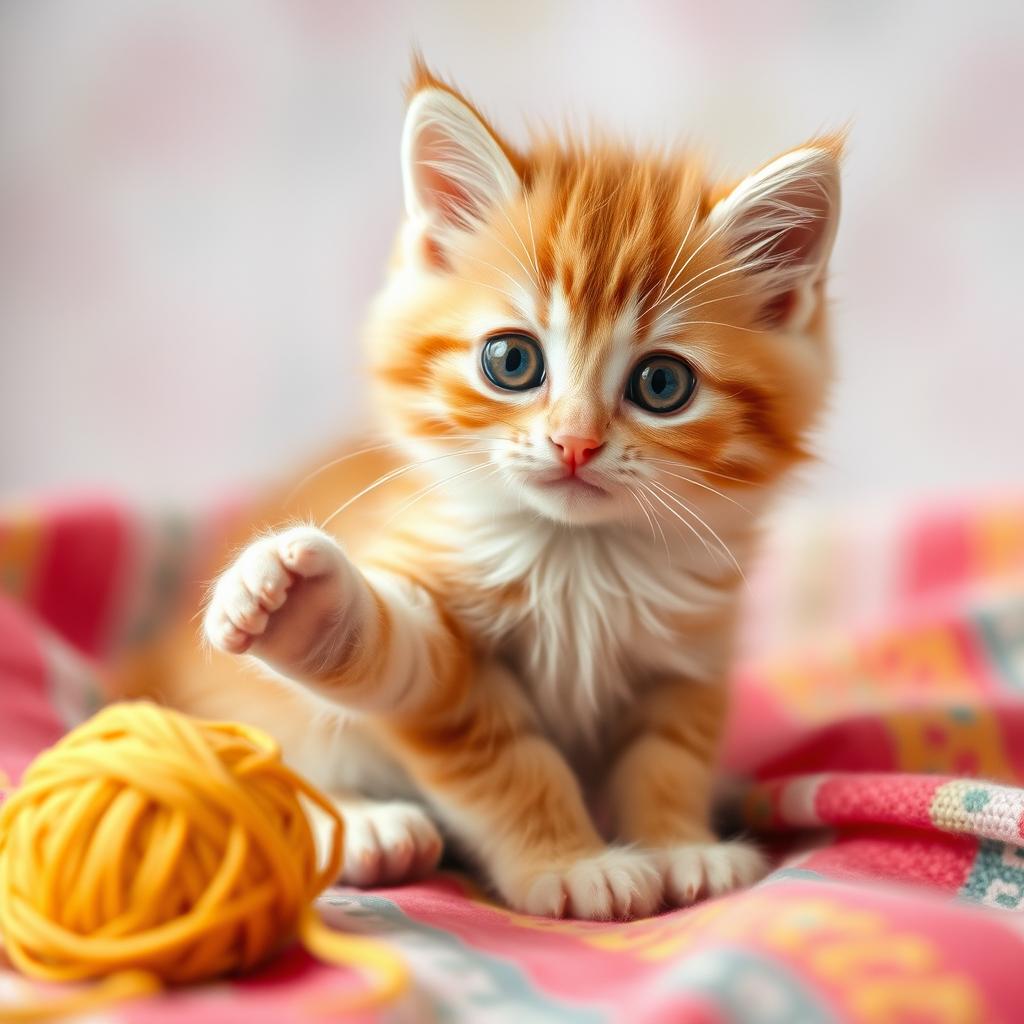 A cute, fluffy kitten with big, bright eyes sitting playfully on a colorful blanket