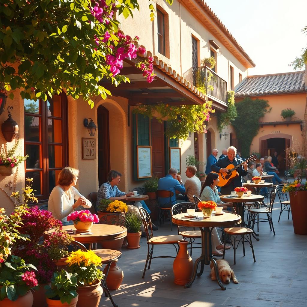 A warm, inviting Spanish café scene featuring a charming, rustic outdoor patio adorned with colorful flowers, vibrant pottery, and wooden furniture