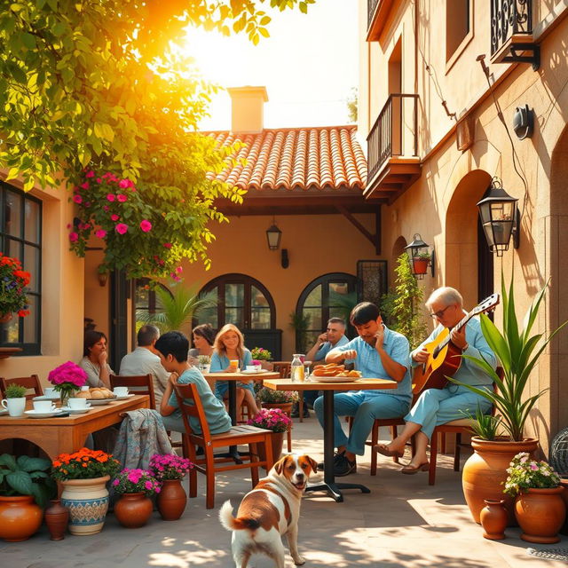 A warm, inviting Spanish café scene featuring a charming, rustic outdoor patio adorned with colorful flowers, vibrant pottery, and wooden furniture