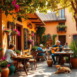 A warm, inviting Spanish café scene featuring a charming, rustic outdoor patio adorned with colorful flowers, vibrant pottery, and wooden furniture