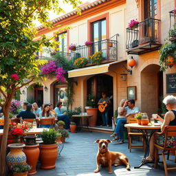 A warm, inviting Spanish café scene featuring a charming, rustic outdoor patio adorned with colorful flowers, vibrant pottery, and wooden furniture