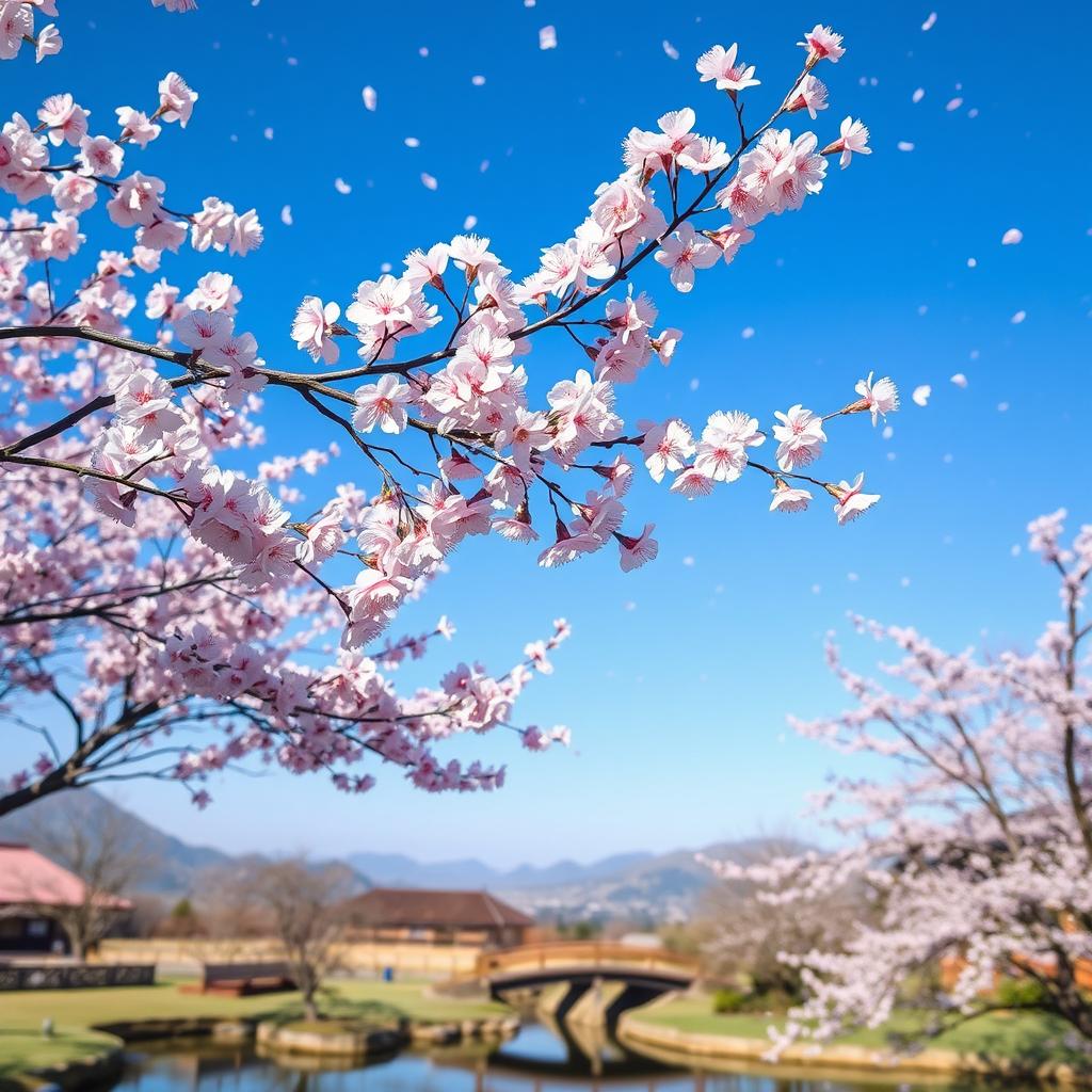 A picturesque scene of cherry blossoms (sakura) in full bloom, with delicate pink flowers adorning branches against a clear blue sky