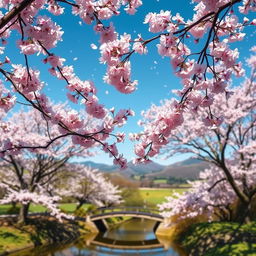A picturesque scene of cherry blossoms (sakura) in full bloom, with delicate pink flowers adorning branches against a clear blue sky