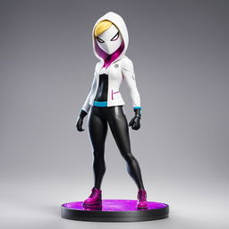 A 32k HD editorial photo of a detailed Funko bobblehead Fortnite Spider-Gwen Pop final figure standing on a reflective surface against a blurred white background