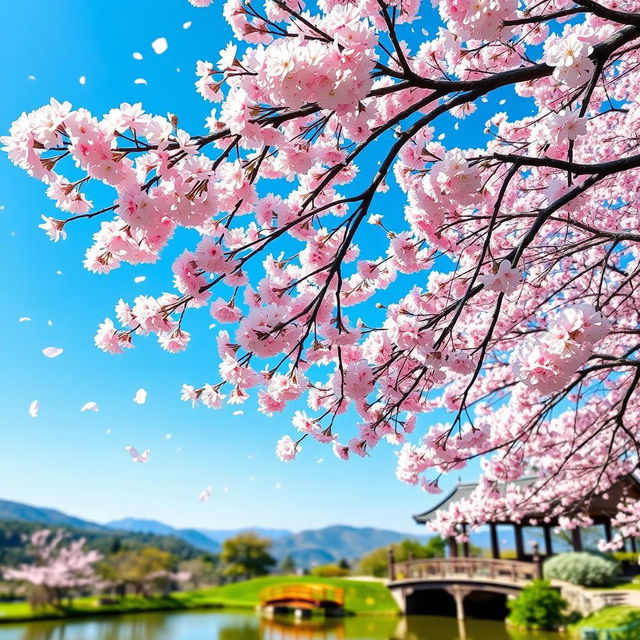 A picturesque scene of cherry blossoms (sakura) in full bloom, with delicate pink flowers adorning branches against a clear blue sky