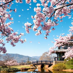 A picturesque scene of cherry blossoms (sakura) in full bloom, with delicate pink flowers adorning branches against a clear blue sky