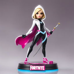 A 32k HD editorial photo of a detailed Funko bobblehead Fortnite Spider-Gwen Pop final figure standing on a reflective surface against a blurred white background