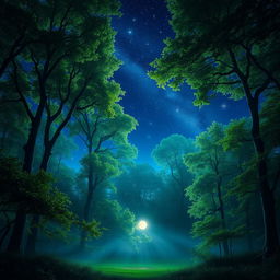 A mystical scene depicting a lush green forest with towering trees and dappled sunlight filtering through the leaves