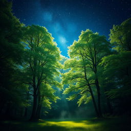 A mystical scene depicting a lush green forest with towering trees and dappled sunlight filtering through the leaves