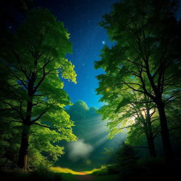 A mystical scene depicting a lush green forest with towering trees and dappled sunlight filtering through the leaves