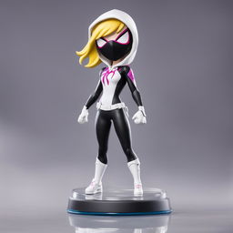 A 32k HD editorial photo of a detailed Funko bobblehead Fortnite Spider-Gwen Pop final figure standing on a reflective surface against a blurred white background