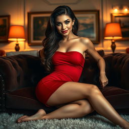 A striking portrait of a confident and attractive woman lounging on a luxurious velvet couch