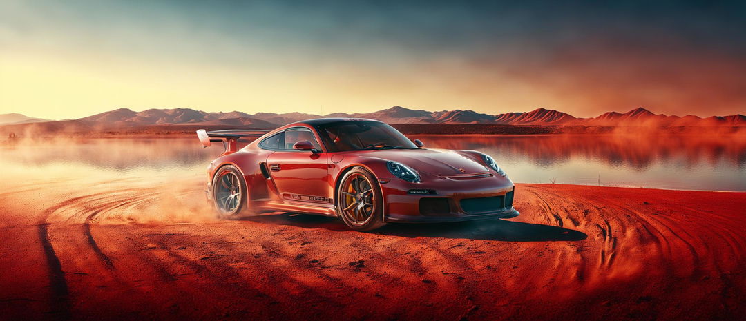 A Porsche GT3 parked next to a calm lake in an arid landscape with red clay dust, under warm golden light.