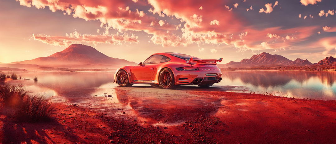 A detailed digital art piece featuring a pastel red Porsche GT3 parked next to a serene lake in an arid landscape filled with red clay dust under warm golden light