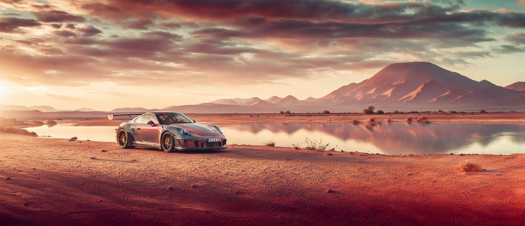 A cinematic photograph of a pastel red Porsche GT3 parked next to a serene lake in an arid landscape filled with red clay dust under warm golden light