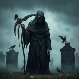 A personification of the Grim Reaper depicted as a sad figure, standing in a misty graveyard
