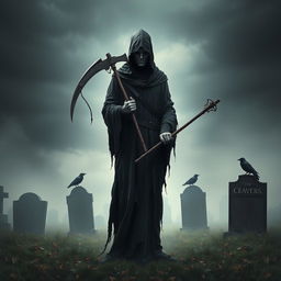 A personification of the Grim Reaper depicted as a sad figure, standing in a misty graveyard